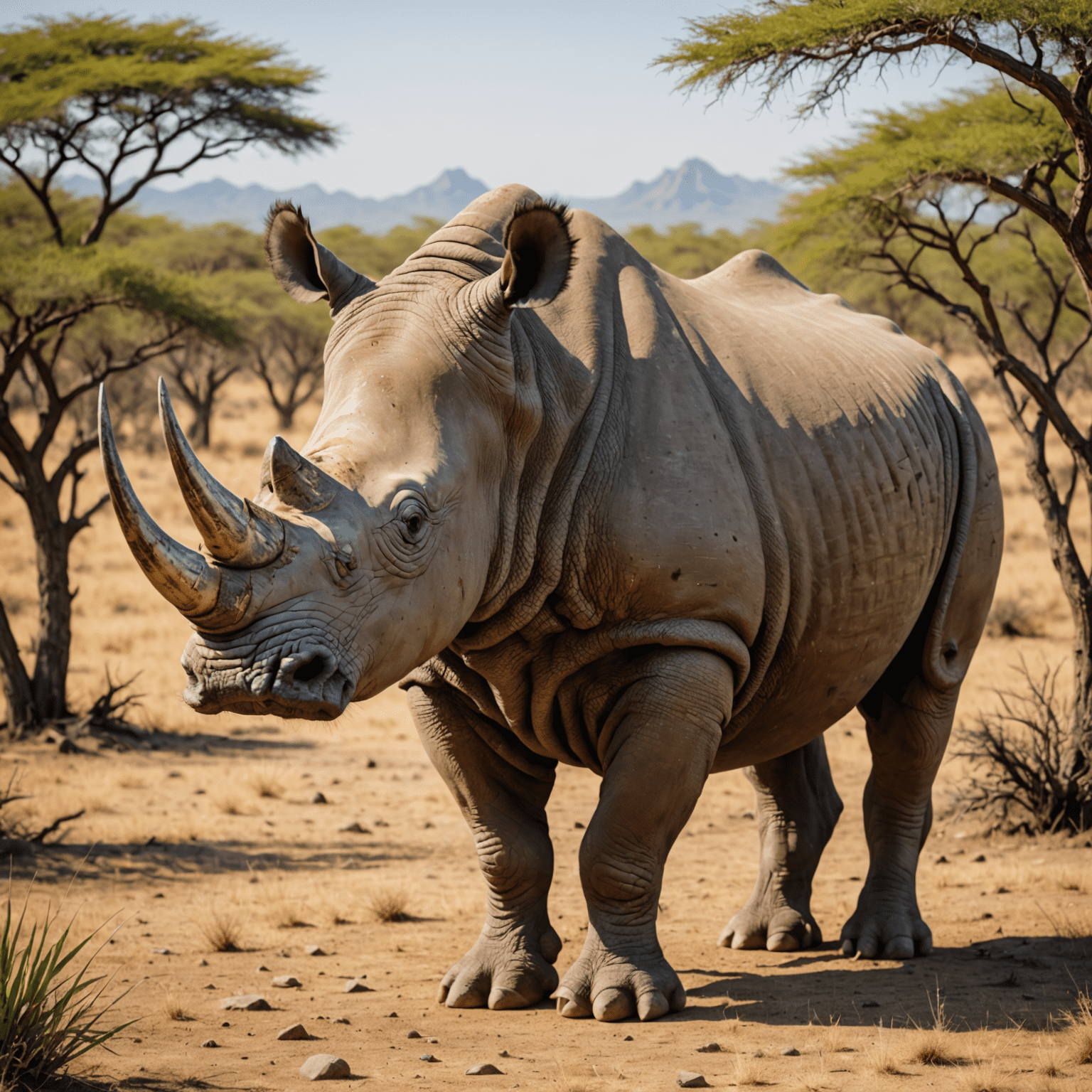 A majestic rhino standing in its natural habitat, with its distinctive horn and thick, armored skin clearly visible. The background shows a savanna landscape with acacia trees.