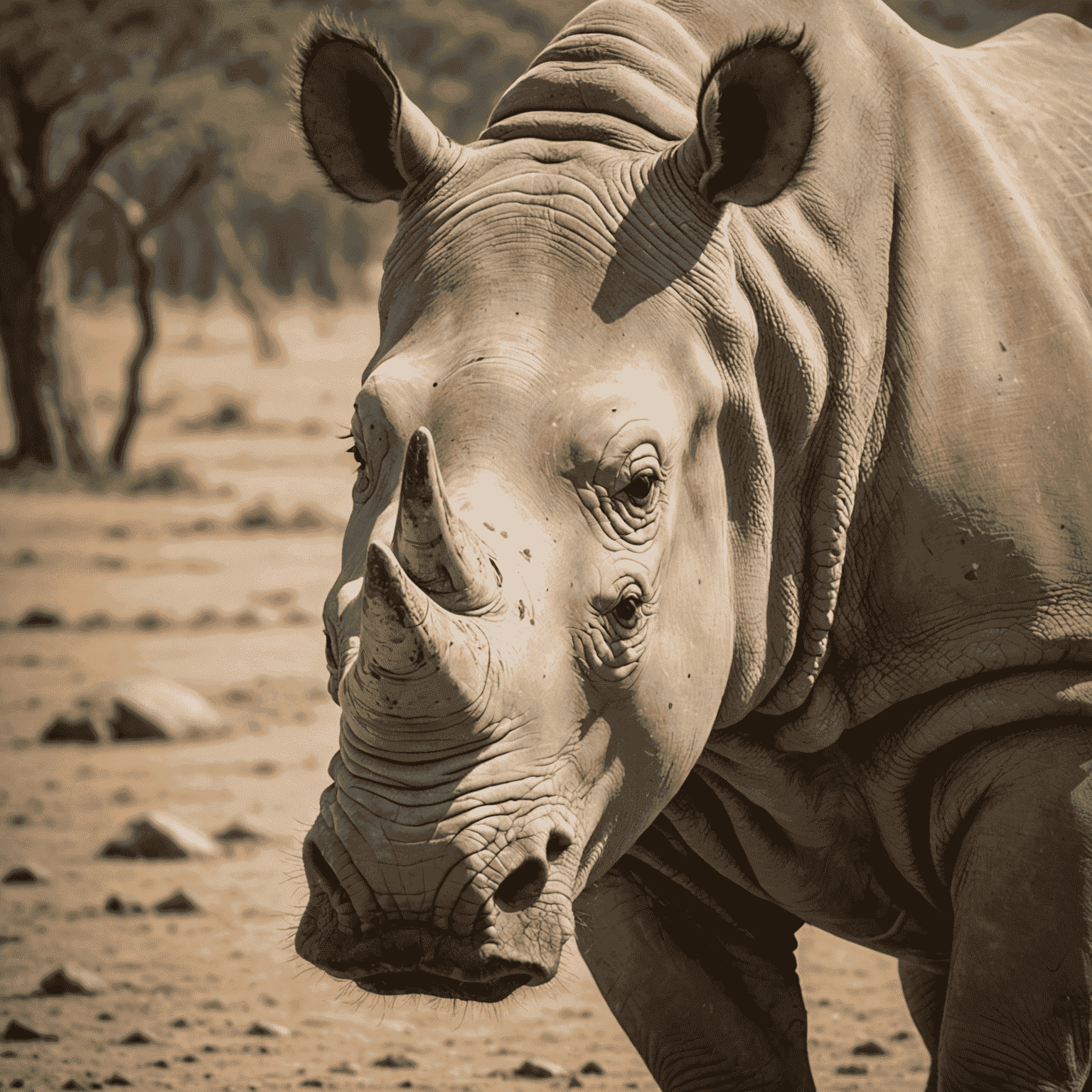 A close-up of a young white rhino named Stompy, showing its square lip and small horn