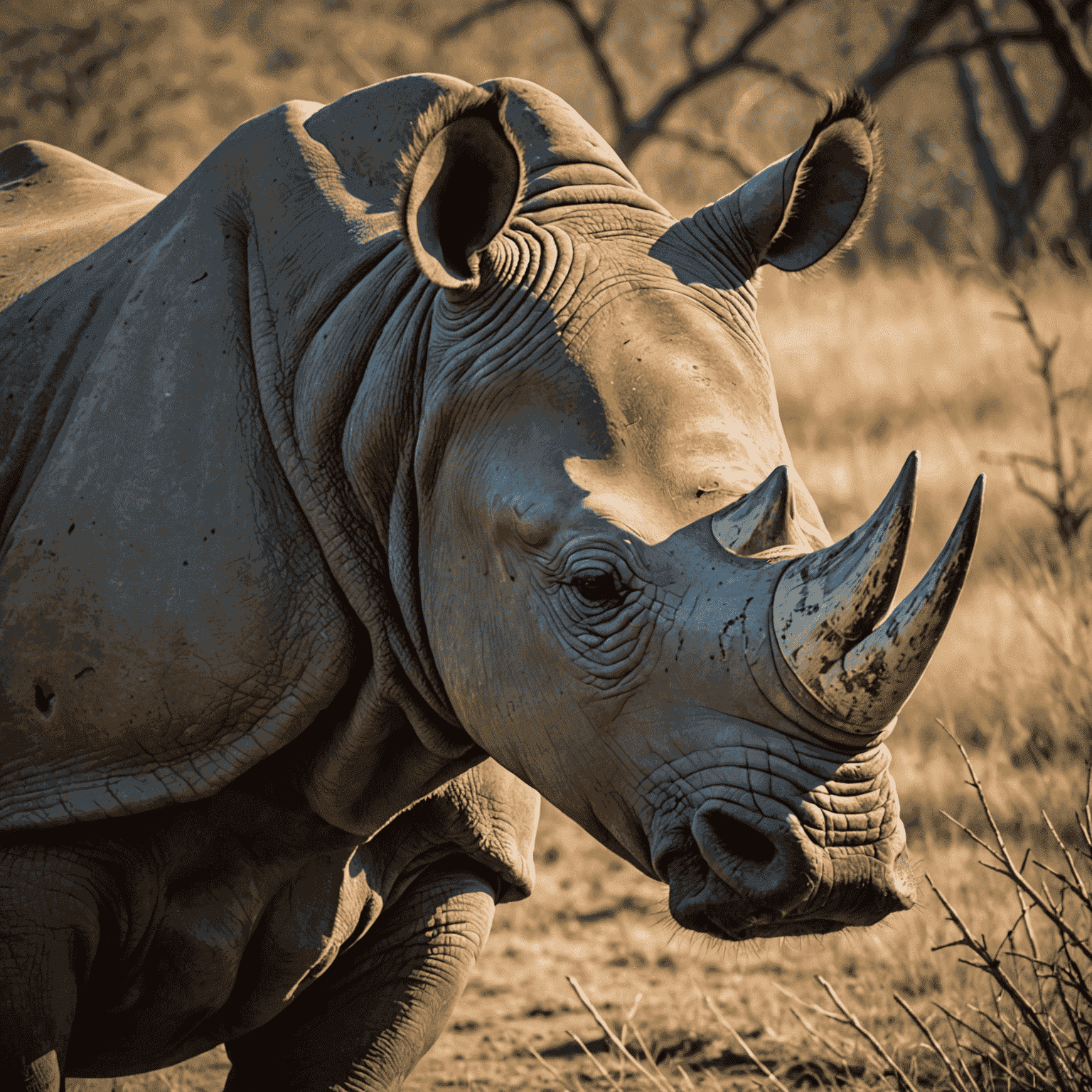A profile shot of a mature black rhino named Grace, highlighting her hooked lip and longer horn