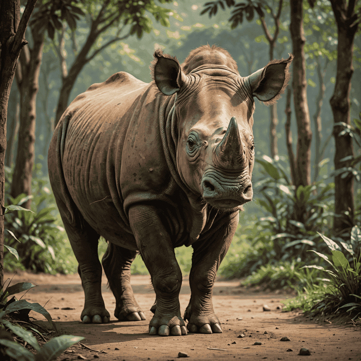 An image of a young male Sumatran rhino named Harapan, showcasing its unique reddish-brown hair